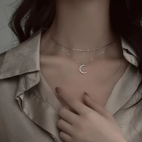 NEW | Crescent Moon Multi Layer Pave Diamond Necklace - Picture 2 of 15